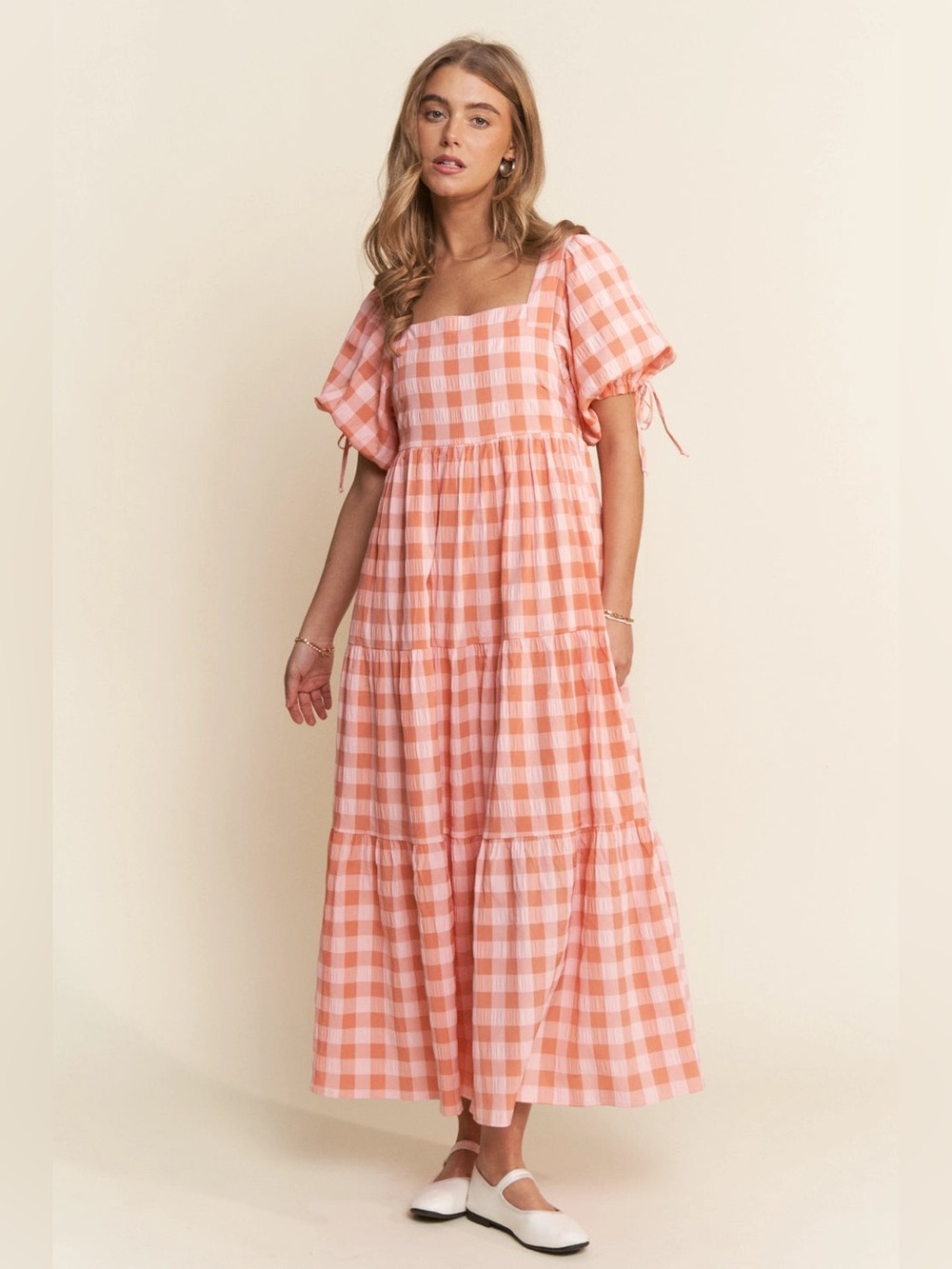 J.nna The Meadow Gingham Tiered Maxi Dress Salmon | Size L